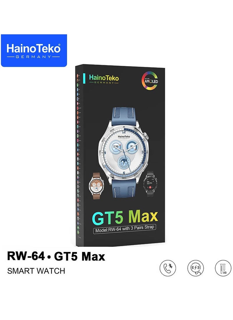 Haino Teko RW-64 GT5 Max Smartwatch With Large Screen AMOLED Display Voice Assistant and 3 Pair Straps Designed For Men Blue