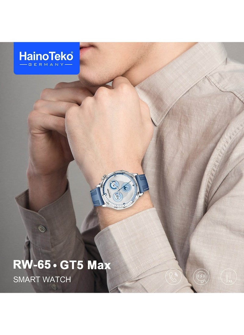 Haino Teko RW-64 GT5 Max Smartwatch With Large Screen AMOLED Display Voice Assistant and 3 Pair Straps Designed For Men Blue