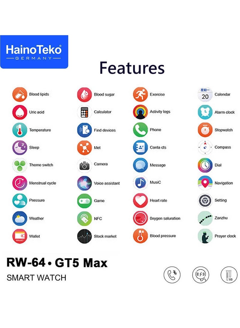 Haino Teko RW-64 GT5 Max Smartwatch With Large Screen AMOLED Display Voice Assistant and 3 Pair Straps Designed For Men Blue