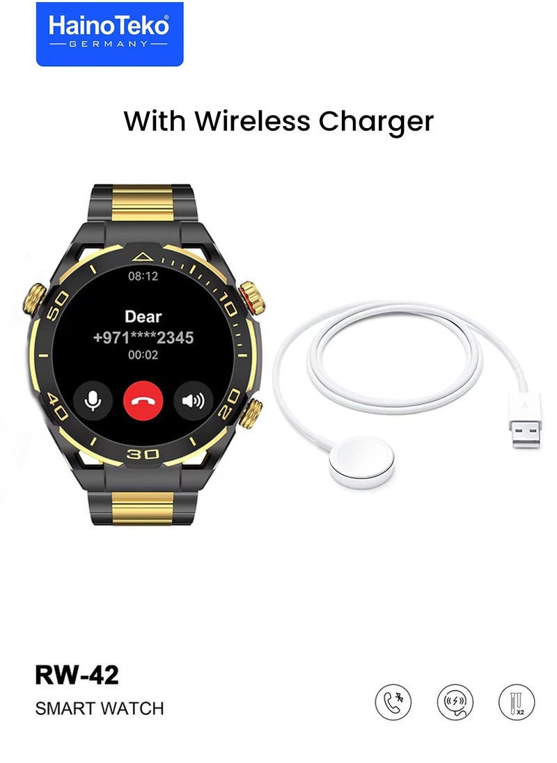 RW42 Round Shape Large Screen AMOLED Display Smart Watch With 2 Pair Straps and Wireless Charger for Men's and Boys