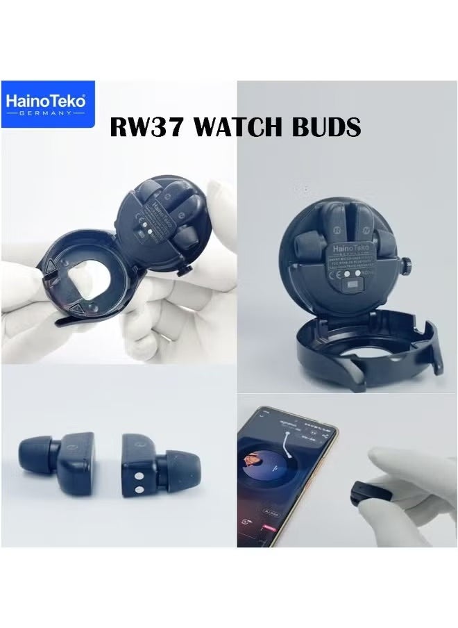 RW37 Watch Buds – Large Round AMOLED Display Smart Watch & Bluetooth Earbuds, 2 Pair Straps, Stylish Design for Men and Women, Fitness Tracker, Music & Call Connectivity