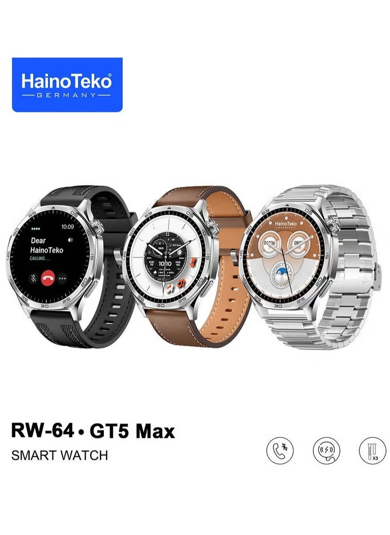 RW-64 GT5 Max Smartwatch with Large AMOLED Display, Voice Assistant, and 3 Pairs of Straps, Designed for Men, Silver