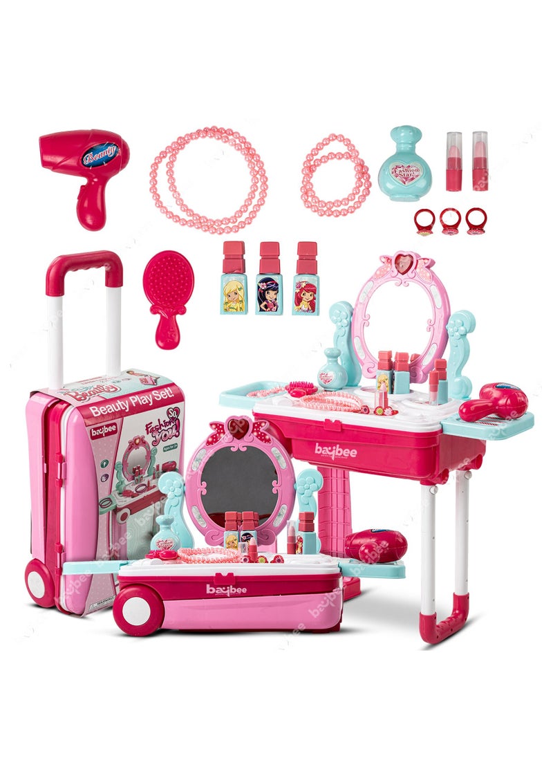 3 In 1 Kids Beauty Play Set For Kids Girls, Convertible Dressing Table And Portable Trolley Makeup Set Toys For Girls Pretend Play Toys For Kids Girls Role Play Toys For Girls Kids 2+ Years Pink