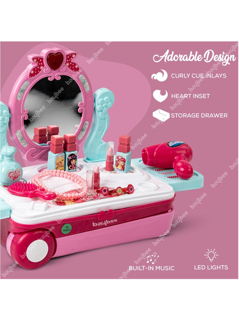 3 In 1 Kids Beauty Play Set For Kids Girls, Convertible Dressing Table And Portable Trolley Makeup Set Toys For Girls Pretend Play Toys For Kids Girls Role Play Toys For Girls Kids 2+ Years Pink