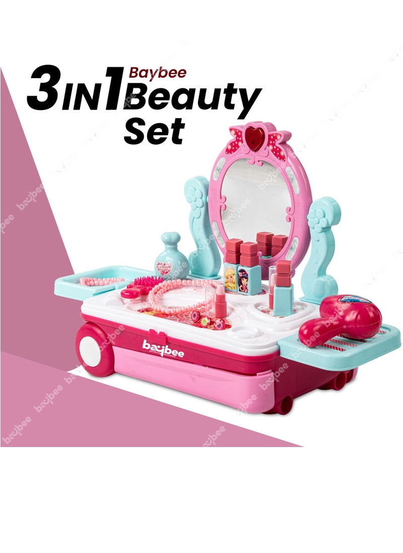 3 In 1 Kids Beauty Play Set For Kids Girls, Convertible Dressing Table And Portable Trolley Makeup Set Toys For Girls Pretend Play Toys For Kids Girls Role Play Toys For Girls Kids 2+ Years Pink