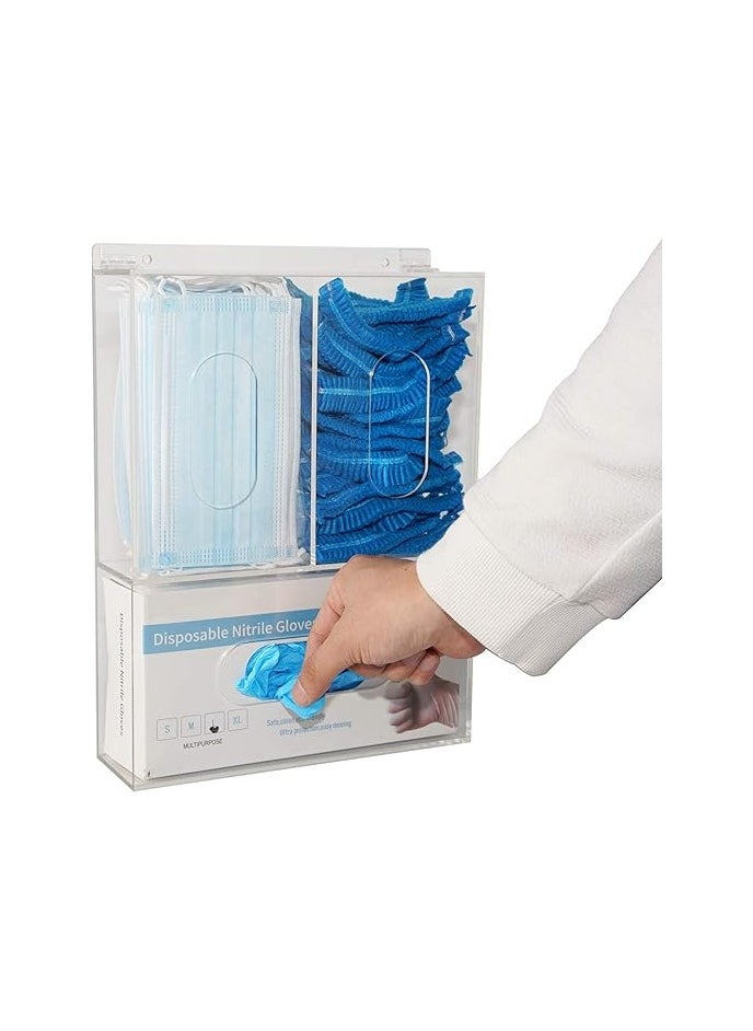 Adamsmed Acrylic Disposable Glove Box Dispenser Holder Triple Glove Rack Face Mask Hairnet Tissue Napkin Dispenser with Lid for Wall Mount Organizer for Food Service, Lab, Medical Office
