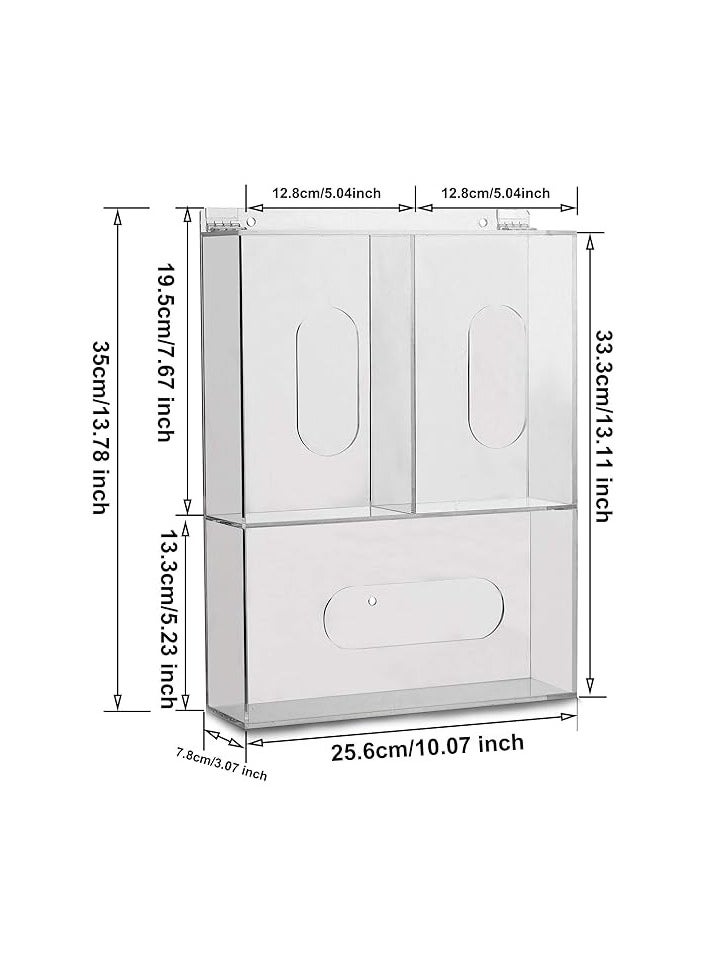 Adamsmed Acrylic Disposable Glove Box Dispenser Holder Triple Glove Rack Face Mask Hairnet Tissue Napkin Dispenser with Lid for Wall Mount Organizer for Food Service, Lab, Medical Office