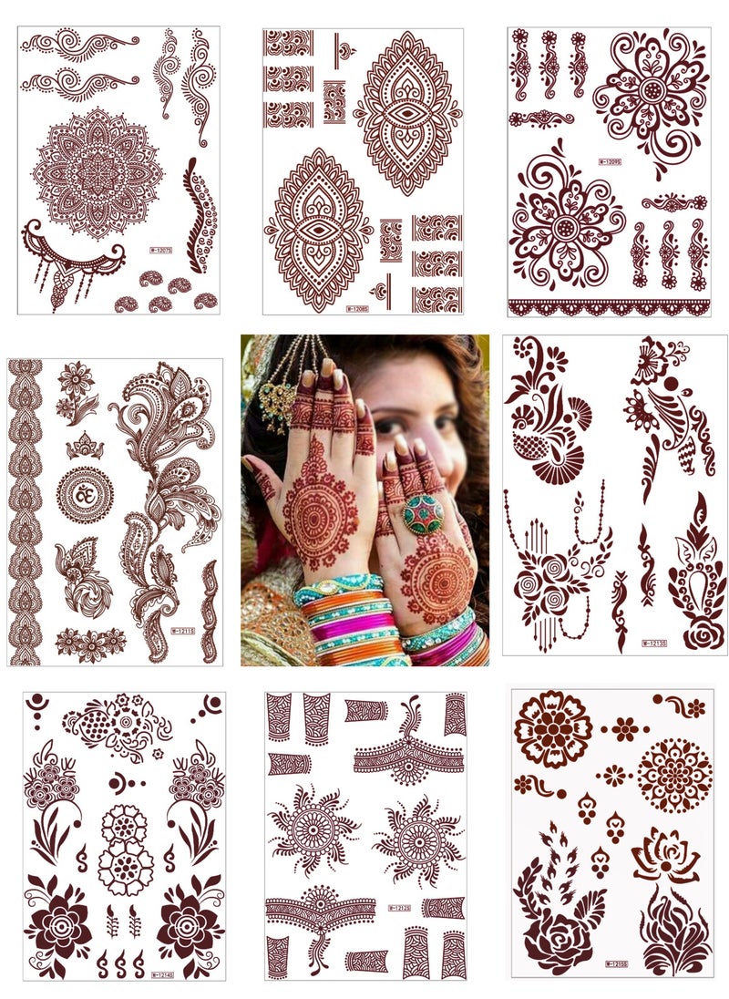 18 Sheets Henna Temporary Tattoo Stickers Mehndi Design Full Hand Brown