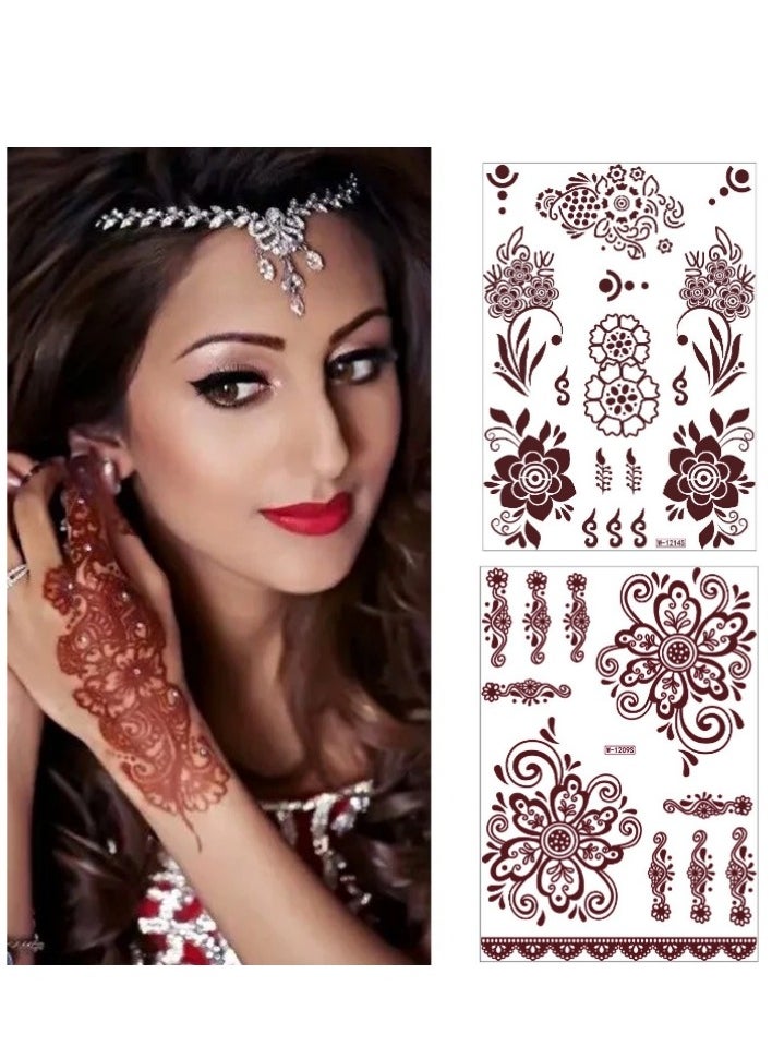 18 Sheets Henna Temporary Tattoo Stickers Mehndi Design Full Hand Brown
