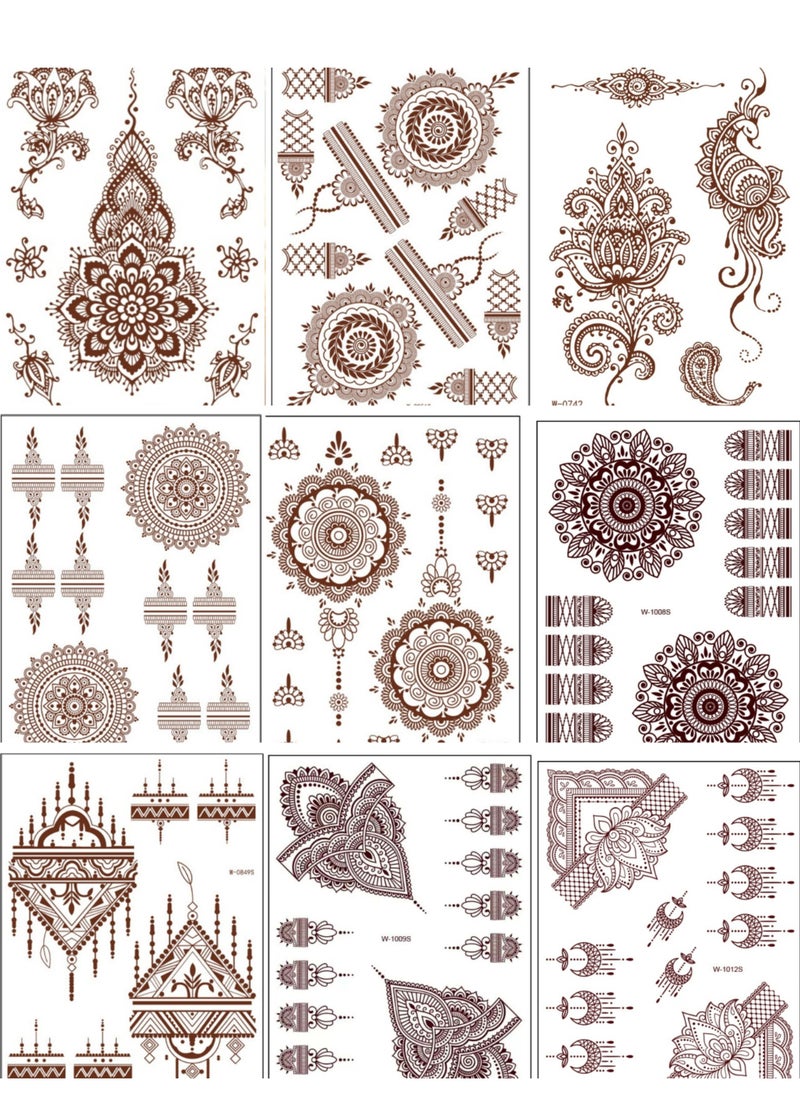 18 Sheets Henna Temporary Tattoo Stickers Mehndi Design Full Hand Brown