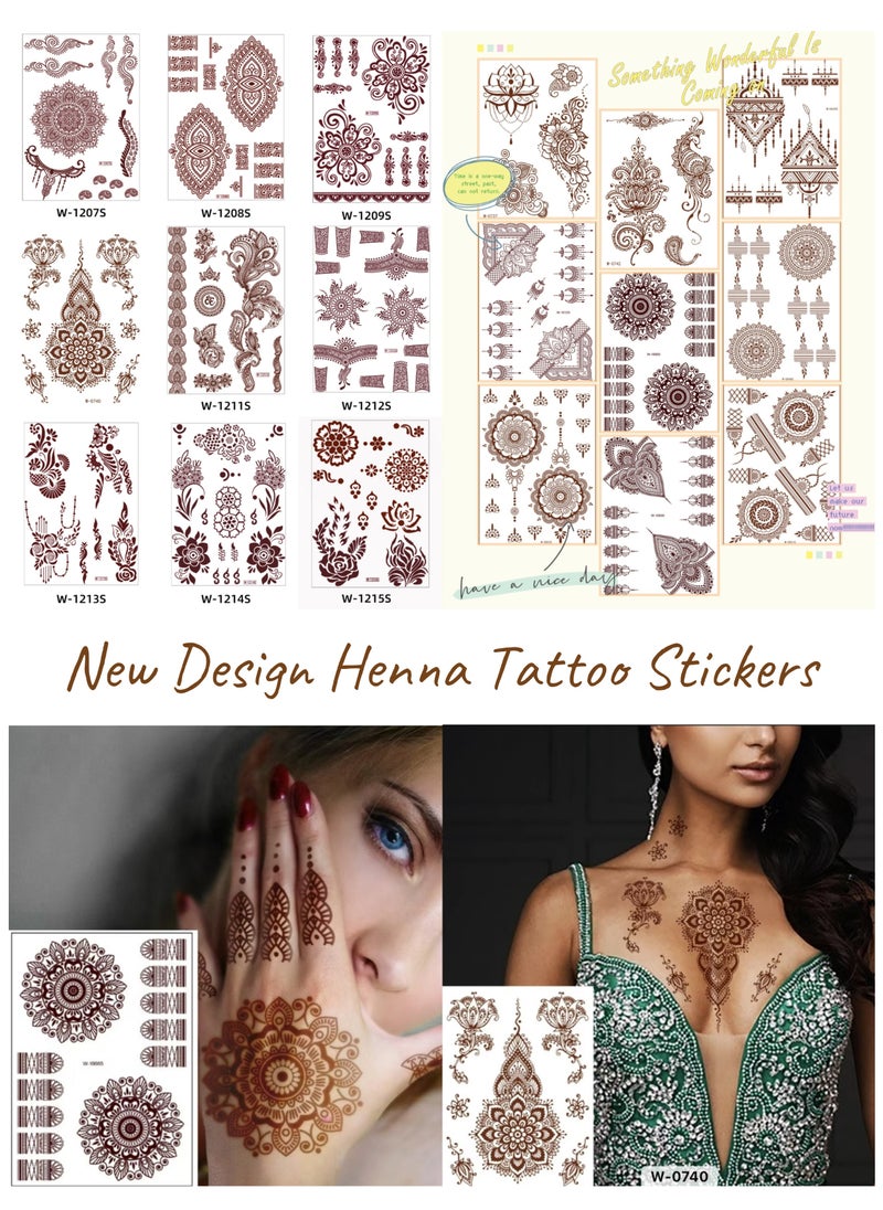 18 Sheets Henna Temporary Tattoo Stickers Mehndi Design Full Hand Brown