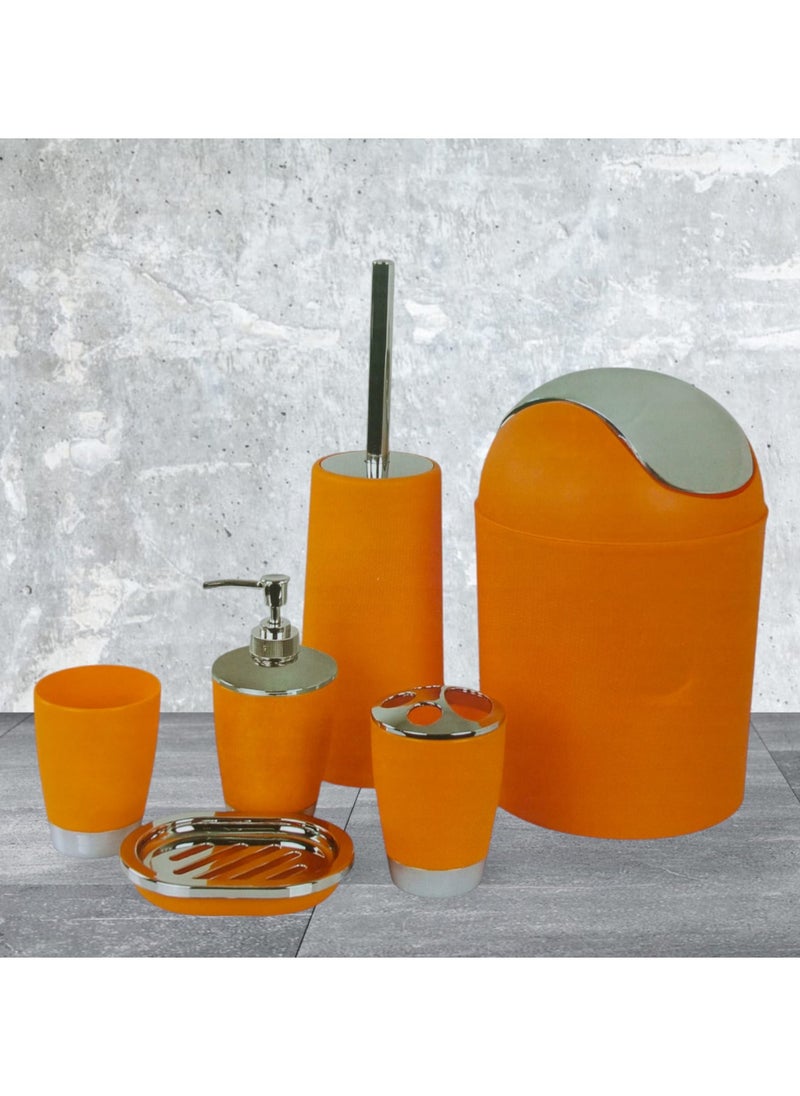 6-Piece Bathroom Accessory Set Orange/Silver,soap Dish, soap dispenser, tumbler, toothbursh holder,toilet brush set,4liter bin,