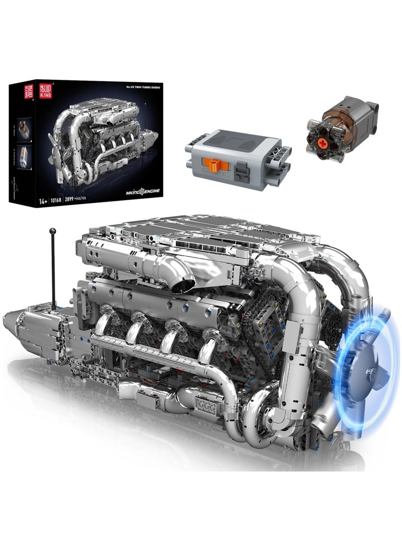 V8 Engine Build Toy Set, twin-turbocharged engine building blocks, V8 Gasoline Engine Show collection models, educational toys with electric motor engines, children and adults, ages 14 + (2899+PCS), Muold King 10168