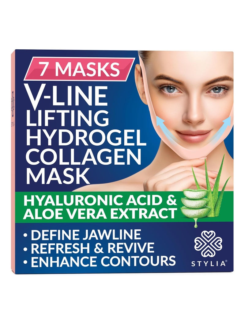 Stylia Double Chin Mask - V Line Chin Strap - Lifting Collagen Face Mask with Hyaluronic Acid & Aloe Vera - Face Lift Tape Jawline Shaper - Self Care Gifts for Women - Face Masks Skincare - 7PC