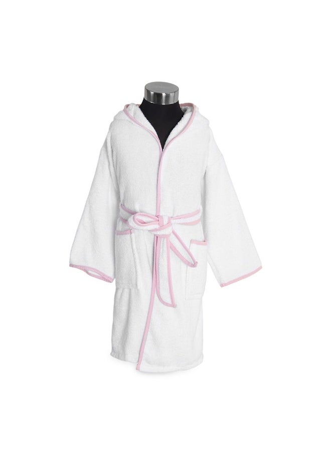 Yalla Hooded Kids Robe, White And Pink - 400 Gsm, Large