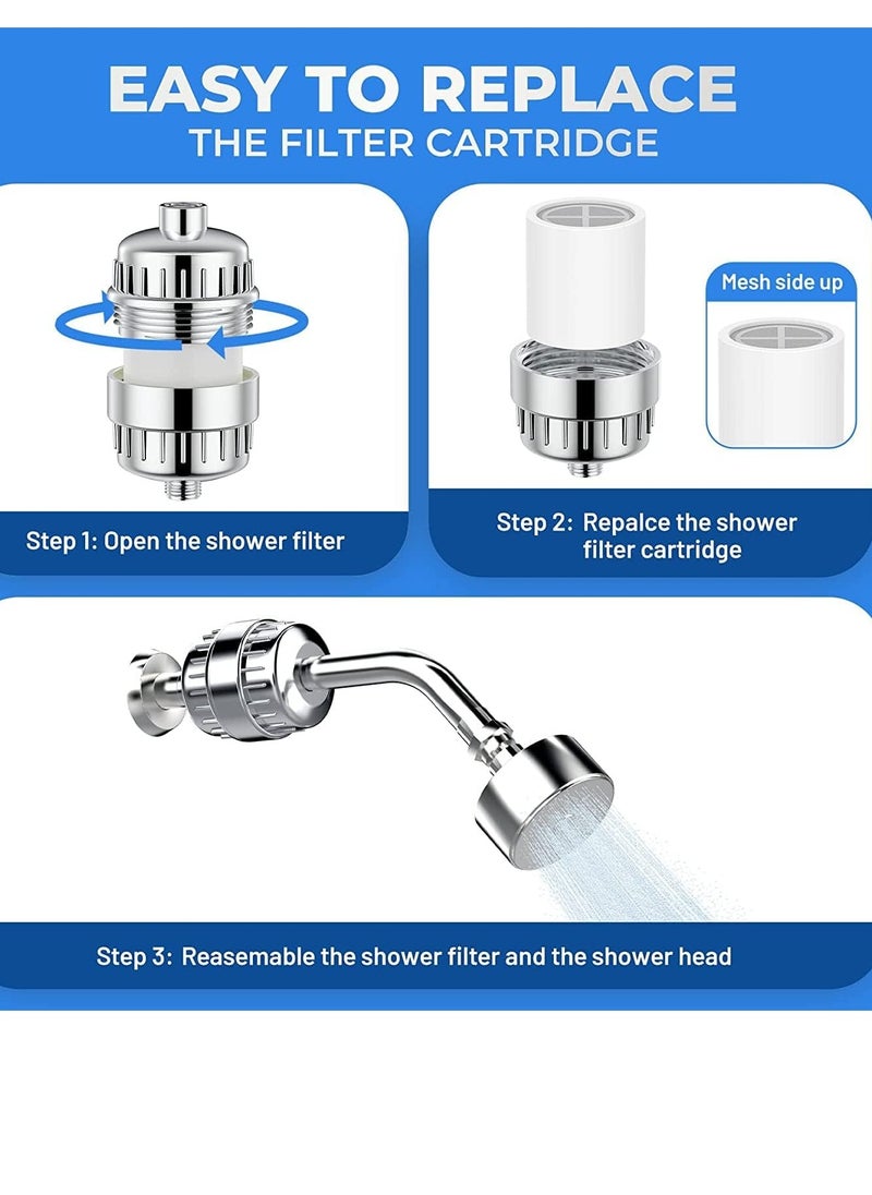 Shower Filter 20-Stage Shower Head Filter for Hard Water Shower Water Filter with 2 Replaceable Filter Cartridges for Chlorofluoride Removal, Polished Chrome