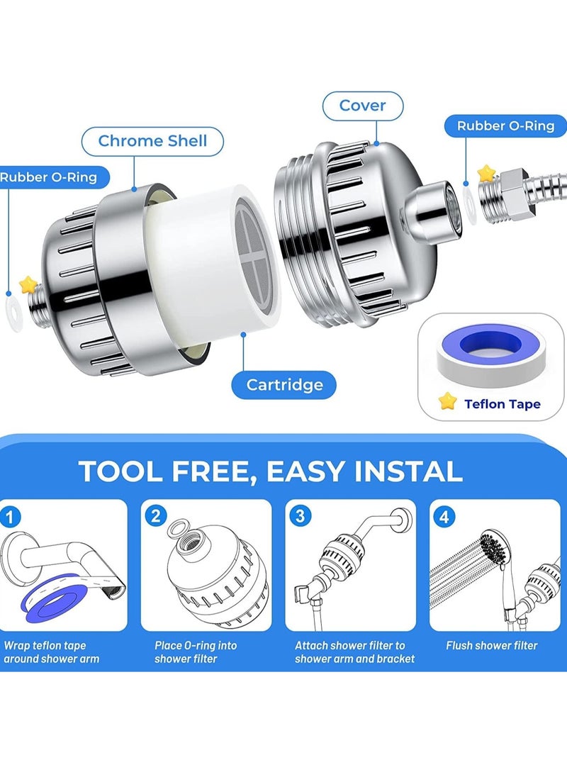 Shower Filter 20-Stage Shower Head Filter for Hard Water Shower Water Filter with 2 Replaceable Filter Cartridges for Chlorofluoride Removal, Polished Chrome