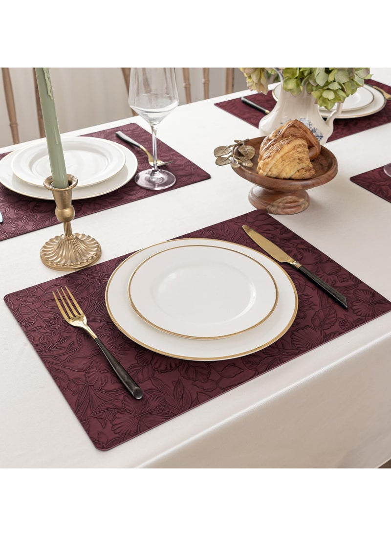 4 Pieces Vintage Embossed Leather Placemats | Double-Sided Faux Leather Table Mats | Heat-Resistant, Non-Slip Dining Mats for Home & Hotel | Creative Retro Table Decor(Burgundy)