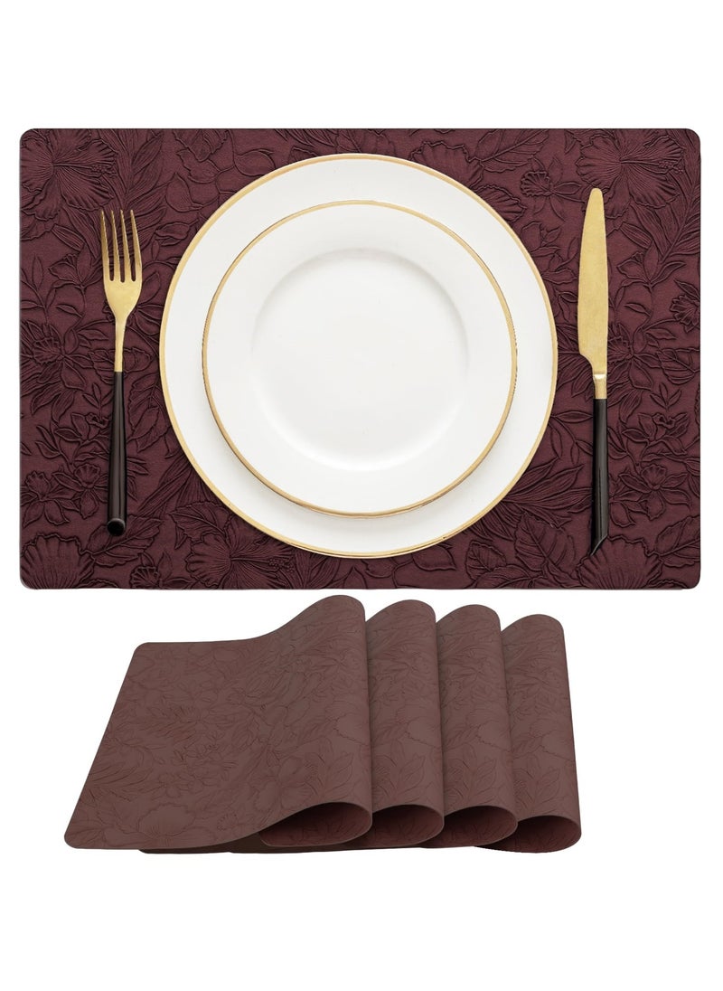 4 Pieces Vintage Embossed Leather Placemats | Double-Sided Faux Leather Table Mats | Heat-Resistant, Non-Slip Dining Mats for Home & Hotel | Creative Retro Table Decor(Burgundy)