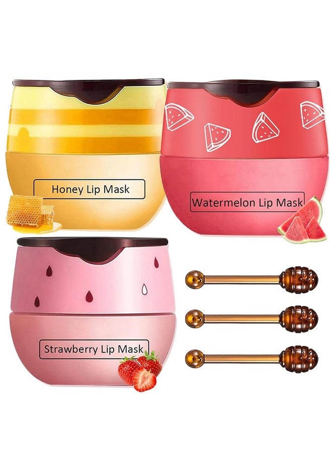 3 Pcs Bee Lip Balm Honey Pot, Honey&Strawberry&Watermelon Lip Sleeping Mask Hydrating Prevention Dry And Cracked Lip Scrubs Exfoliator Lip Care, Overnight Lip Mask Reduces Lip Lines