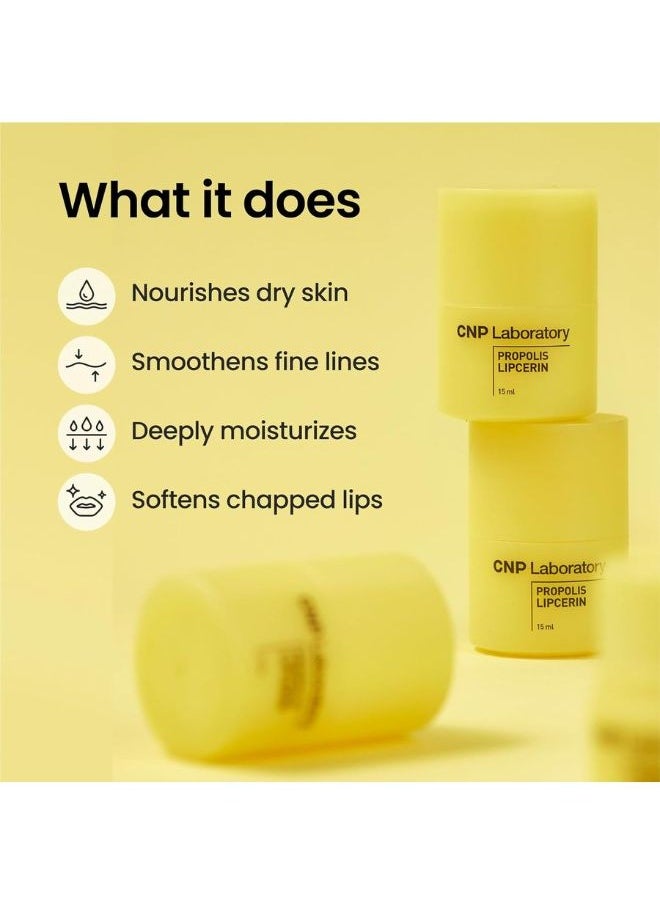 Propolis Lipcerin 15ml, Manuka Propolis Lipcerin™, Hydrating Overnight Lip Balm & Mask, 12 Hours Long-lasting Moisture, Gentle Exfoliation, Hygienic Twist Dispenser, Korean Skin Care