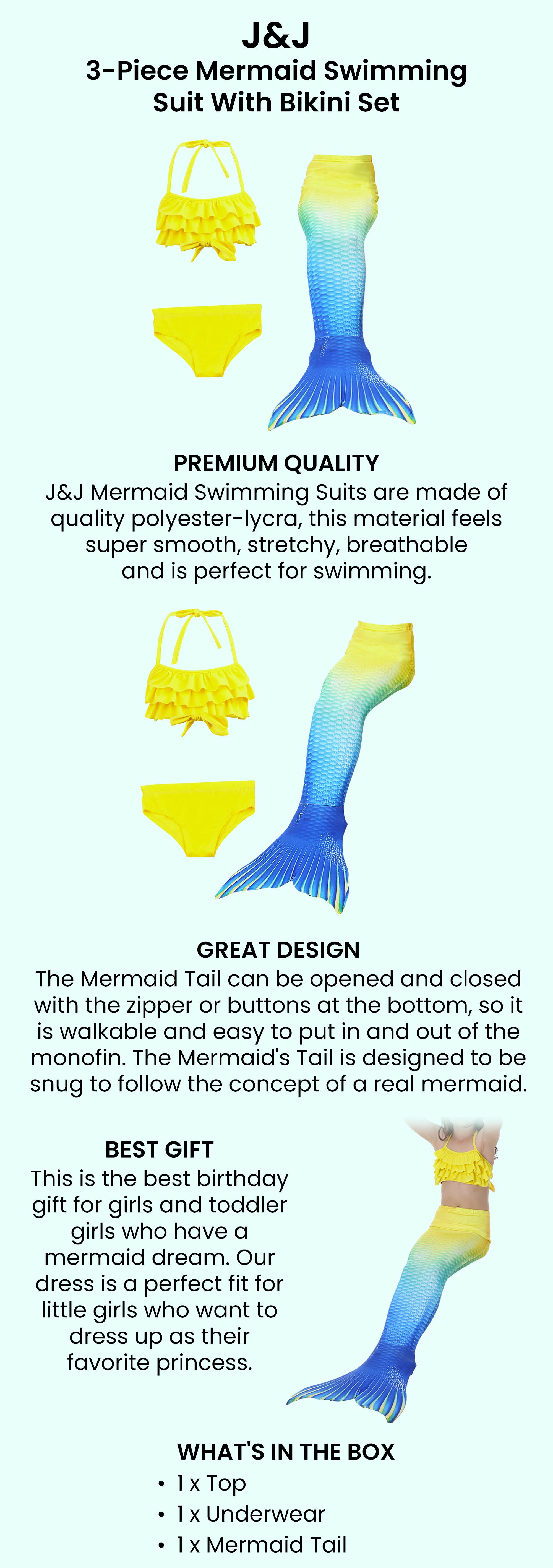 3-Piece Mermaid Swimming Suit With Bikini Set 140cm