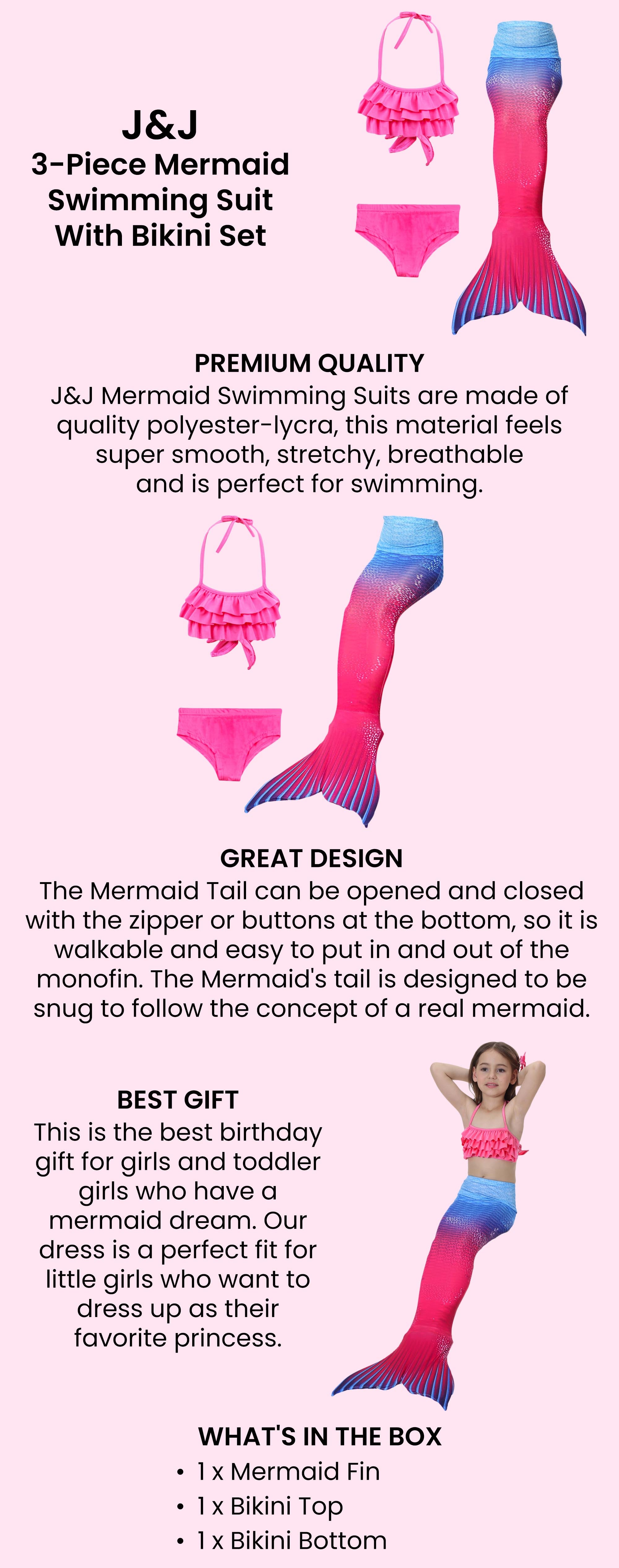 3-Piece Mermaid Swimming Suit With Bikini Set 140cm