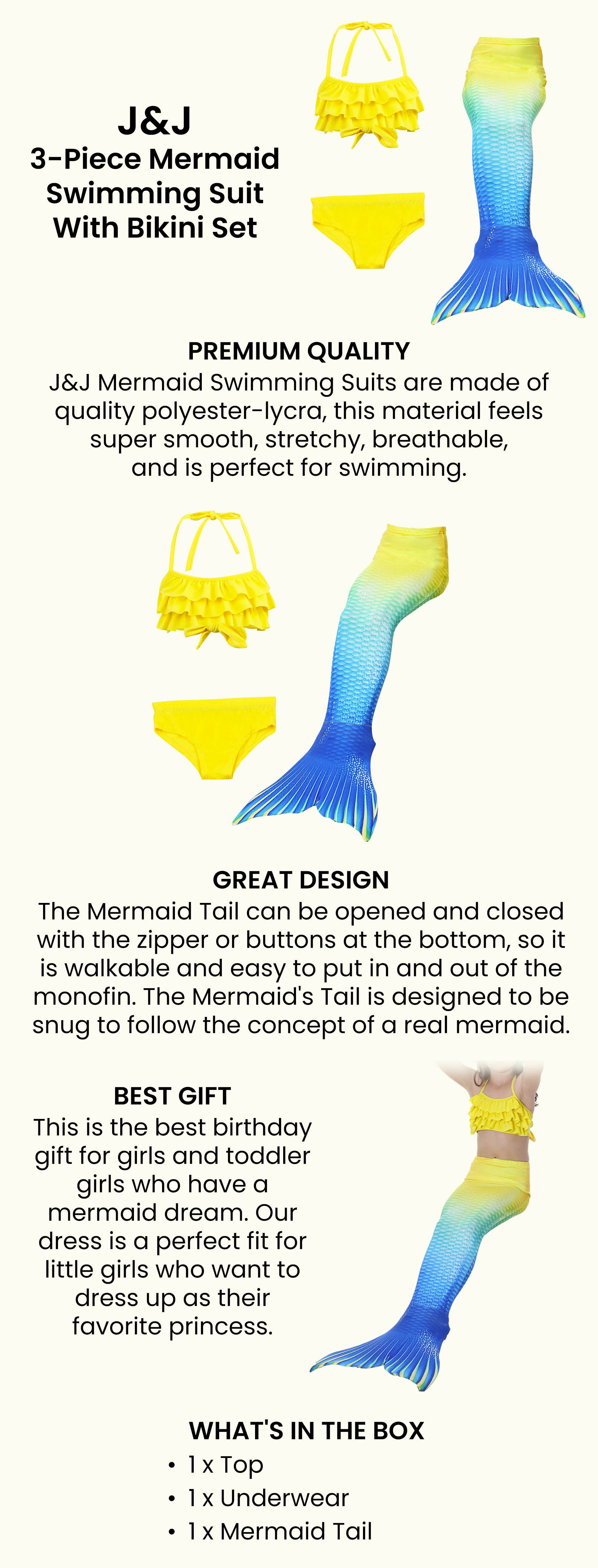 3-Piece Mermaid Swimming Suit With Bikini Set 130cm