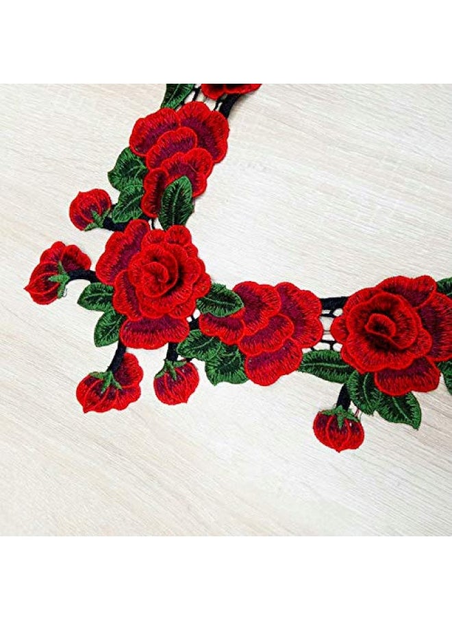 FeepopRed Rose Lace Fabric Dress Applique Motif Blouse Sewing Trims DIY Neckline Collar Costume Decoration Accessories