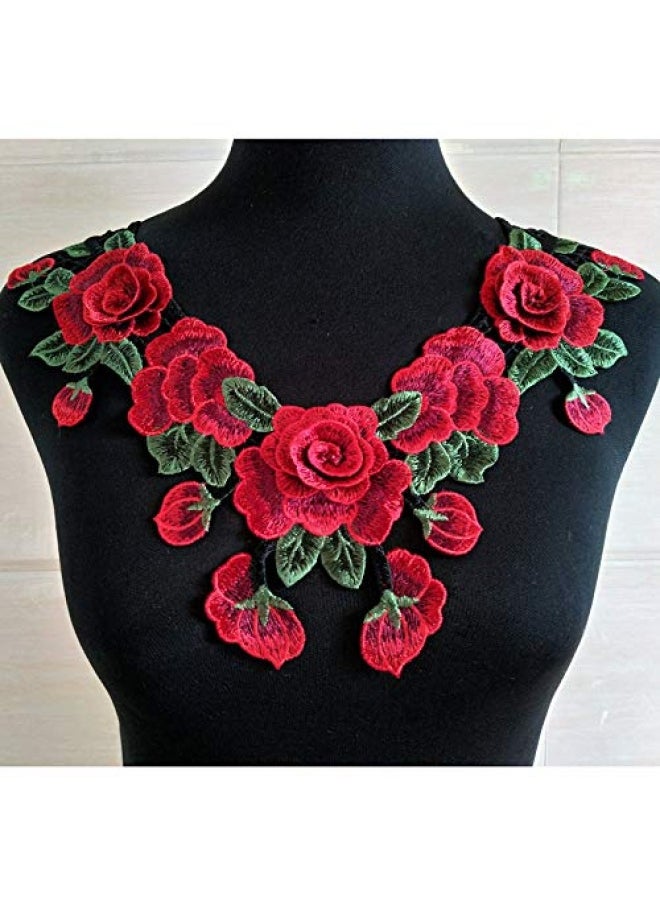 FeepopRed Rose Lace Fabric Dress Applique Motif Blouse Sewing Trims DIY Neckline Collar Costume Decoration Accessories