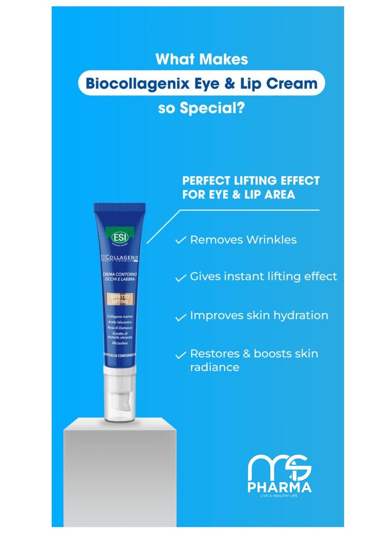 Eyes & Lips Contour Cream, 15ml with Damascus Rose, Marine Collagen & Hyaluronic Acid - Reduces Wrinkles, Firms & Smooths Skin, Hydrates & Restores, Fragrance-Free, Quick Absorption, Filler Effect, Improves Skin Tone