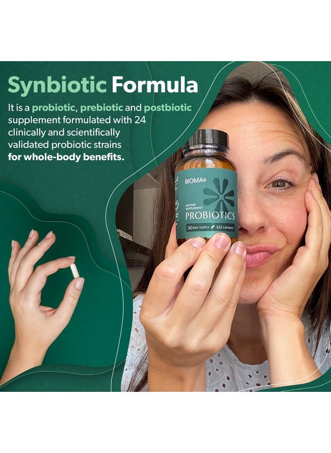 BIOMA Probiotics for Weight Management & Digestive Health, 3 in 1 Gut Health Probiotics and Prebiotics/Postbiotics, Slow Release Synbiotic Probiotic Capsules for Gut Health Multi Enzyme (60 Caps)