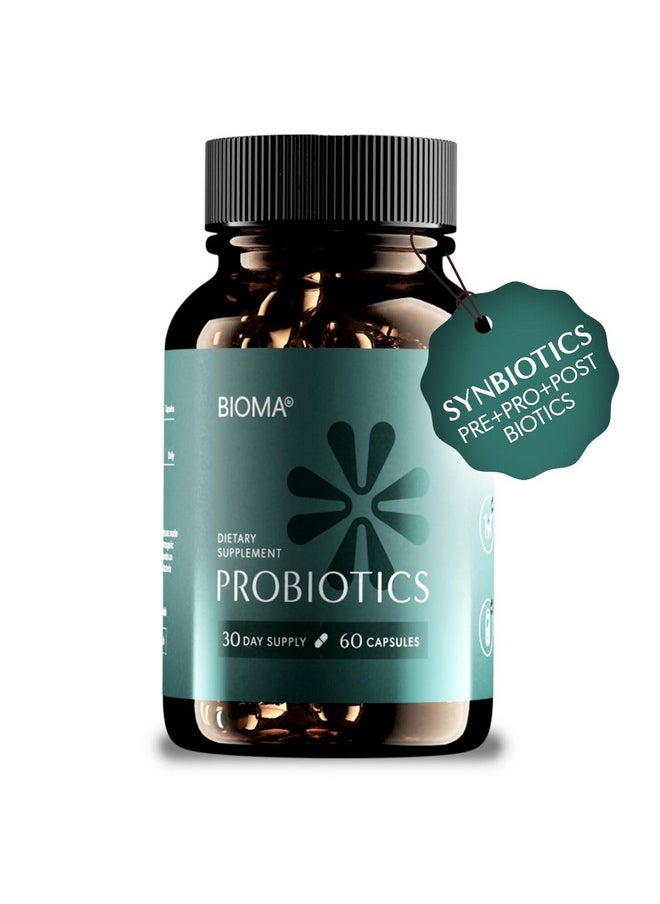 BIOMA Probiotics for Weight Management & Digestive Health, 3 in 1 Gut Health Probiotics and Prebiotics/Postbiotics, Slow Release Synbiotic Probiotic Capsules for Gut Health Multi Enzyme (60 Caps)