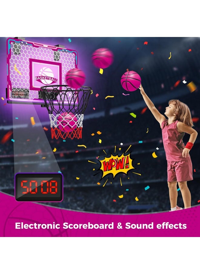 Basketball Hoop For Girls Indoor, Pink Basketball Hoop With Electronic Scoreboard & Remote Controller, Mini Led Basketball Hoop Set Toys Birthday Gifts For 3 4 5 6 7 Years Old Girls Kids Teens