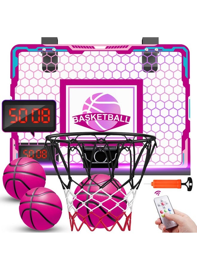 Basketball Hoop For Girls Indoor, Pink Basketball Hoop With Electronic Scoreboard & Remote Controller, Mini Led Basketball Hoop Set Toys Birthday Gifts For 3 4 5 6 7 Years Old Girls Kids Teens