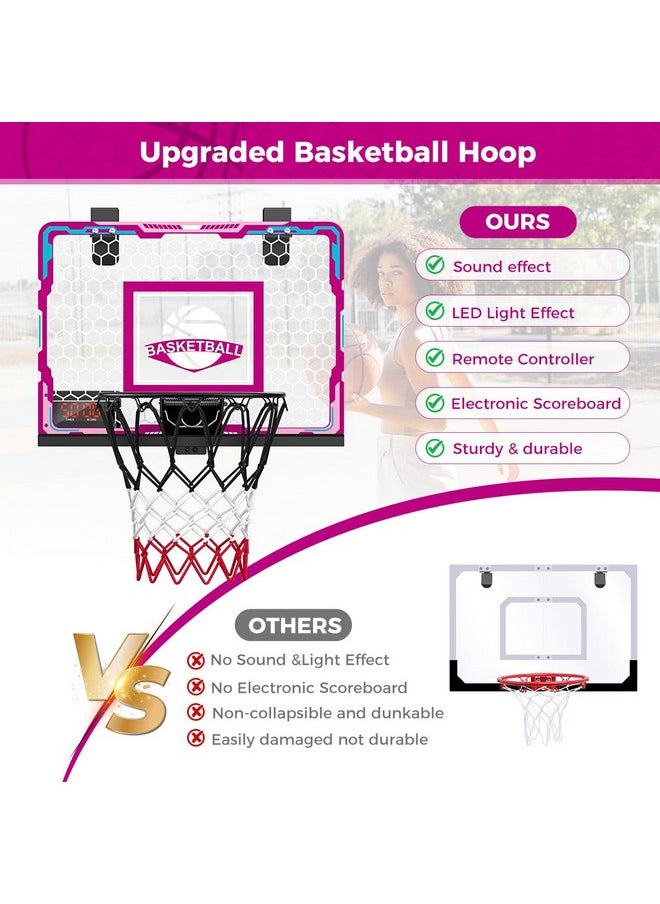 Basketball Hoop For Girls Indoor, Pink Basketball Hoop With Electronic Scoreboard & Remote Controller, Mini Led Basketball Hoop Set Toys Birthday Gifts For 3 4 5 6 7 Years Old Girls Kids Teens