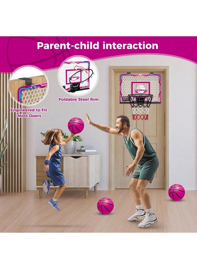 Basketball Hoop For Girls Indoor, Pink Basketball Hoop With Electronic Scoreboard & Remote Controller, Mini Led Basketball Hoop Set Toys Birthday Gifts For 3 4 5 6 7 Years Old Girls Kids Teens