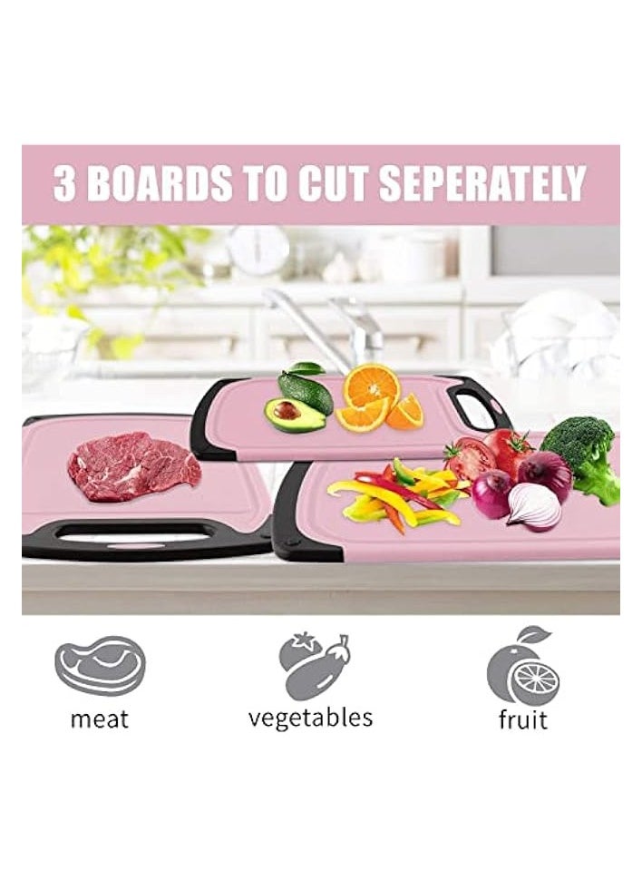 Cutting Boards Kitchen Cutting Board (3-Piece Set) Chopping Boards- Plastic Cutting Boards Set, Juice Grooves, BPA-Free and Dishwasher Safe (Pink)