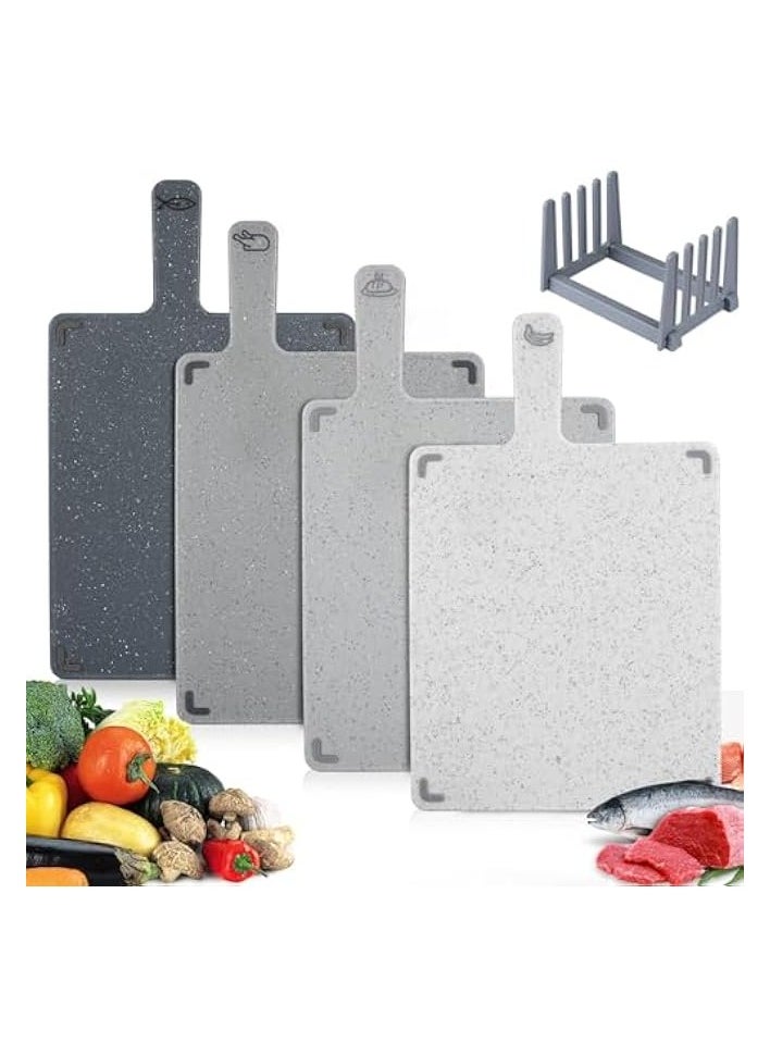 Chopping Board Set, Plastic Colour Coded with Stand, Dishwasher Safe, BPA Free, Durable Kitchen Cutting Boards, Small Serving Tray for Camping, Flexible Easy Grip Handle for Meat, Veg (Grey)