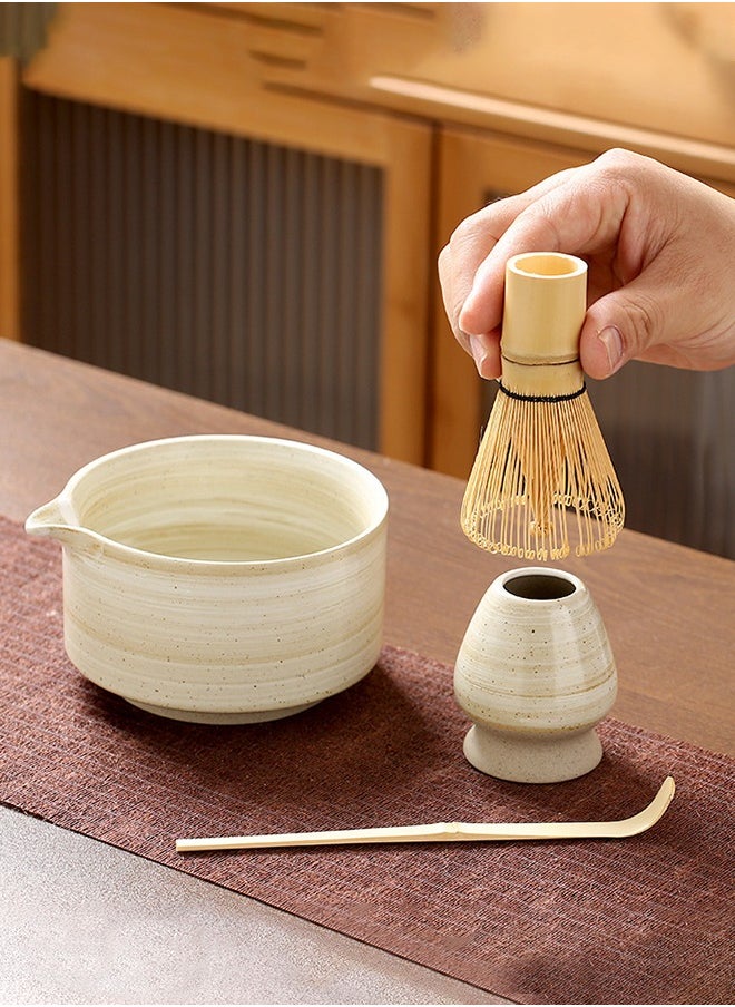 4-piece Japanese Matcha Set, Ceramic Matcha Bowl with pouring spout+Whisk Holder+Bamboo Whisk+Spoon,for Traditional Tea Ceremony-Coarse Ceramic Perfect Handmade Matcha Kit to Prepare Traditional Matcha Tea, 100% Natural Matcha Gift Kit (off white )