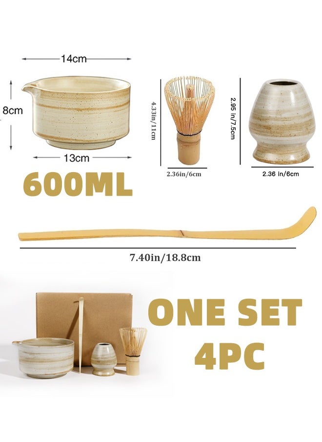 4-piece Japanese Matcha Set, Ceramic Matcha Bowl with pouring spout+Whisk Holder+Bamboo Whisk+Spoon,for Traditional Tea Ceremony-Coarse Ceramic Perfect Handmade Matcha Kit to Prepare Traditional Matcha Tea, 100% Natural Matcha Gift Kit (off white )