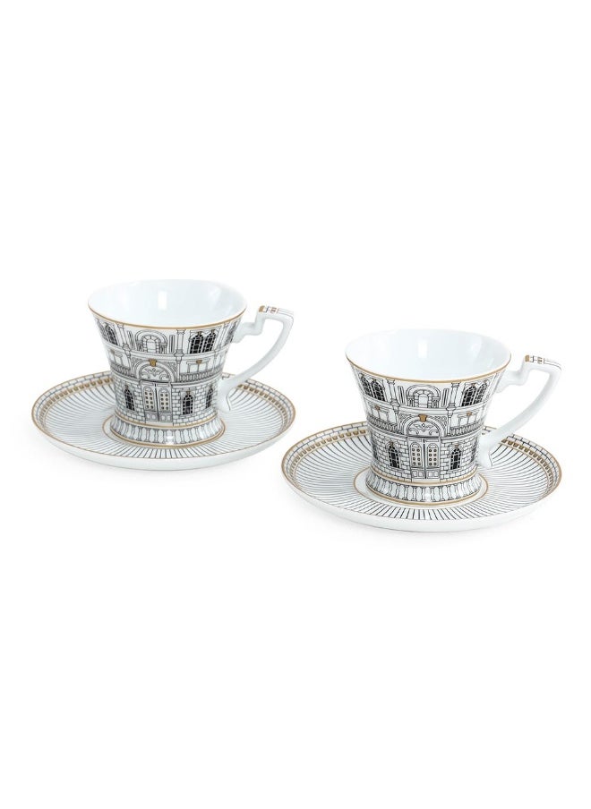 Palazzo Coffee Cup And Saucer, White And Black - Set Of 2, 80 Ml