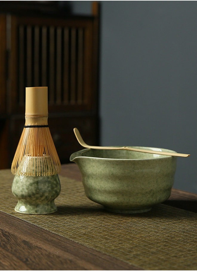 4-piece Japanese Matcha Set with Spout, Ceramic Matcha Bowl+Whisk Holder+Bamboo Whisk+Spoon,for Traditional Tea Ceremony-Coarse Ceramic Perfect Handmade Matcha Kit to Prepare Traditional Matcha Tea, 100% Natural Matcha Gift Kit (Green)