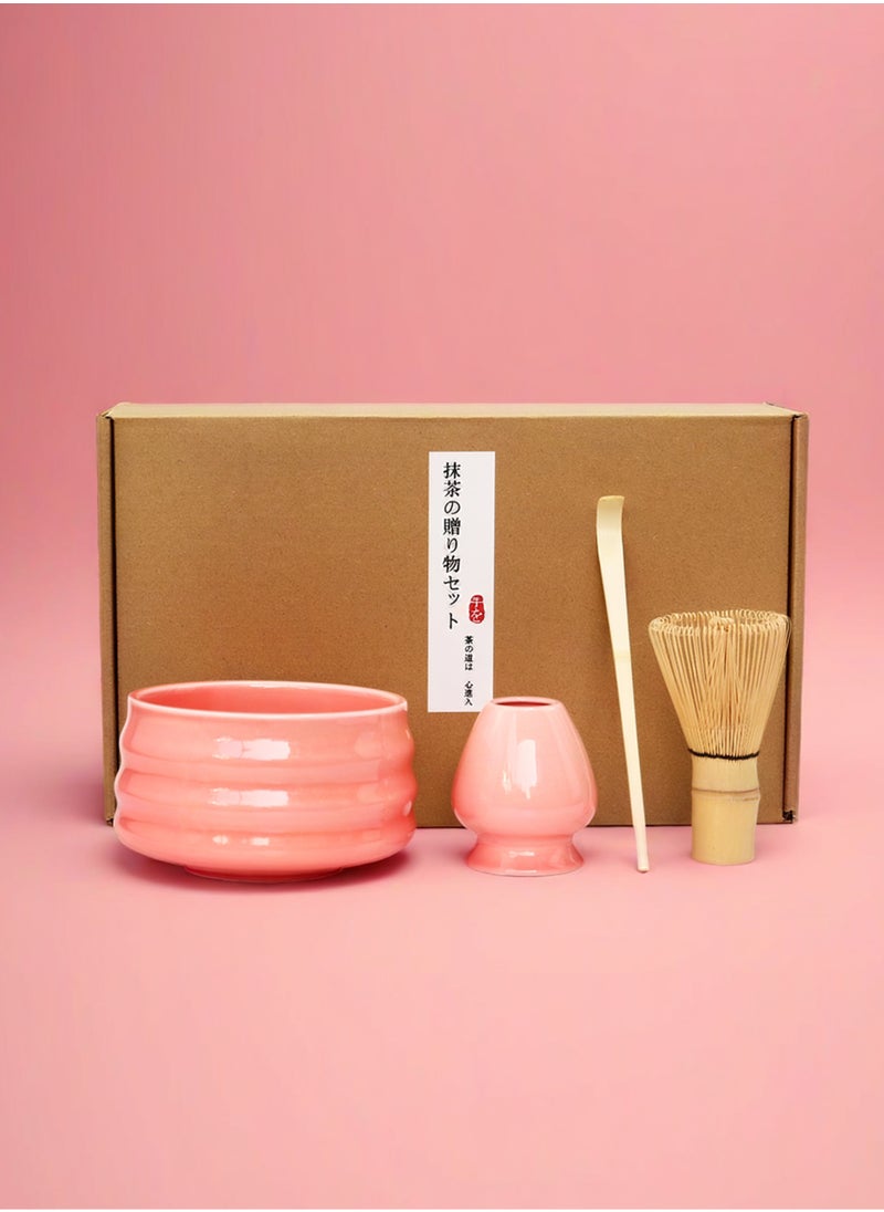 4-piece Japanese Matcha Set, Ceramic Matcha Bowl+Whisk Holder+Bamboo Whisk+Spoon,for Traditional Tea Ceremony-Coarse Ceramic Perfect Handmade Matcha Kit to Prepare Traditional Matcha Tea, 100% Natural Matcha Gift Kit (pink)