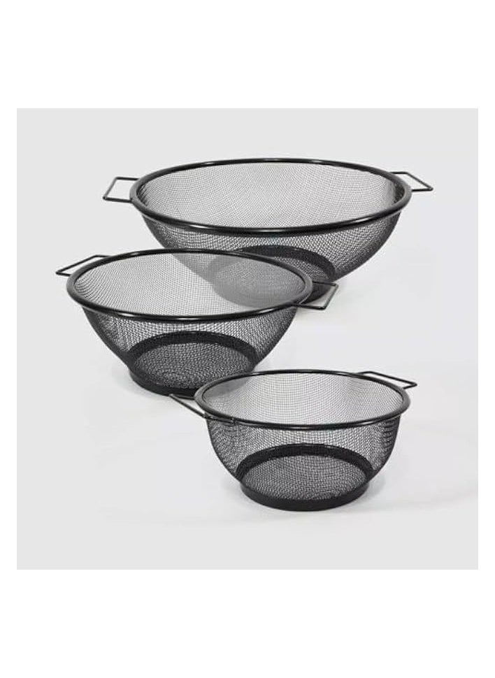 Set of 3 Black Mesh Kitchen Strainers – Ideal for Rinsing Fruits, Vegetables, and Draining Pasta – Durable Metal Colanders with Handles for Easy Grip – Essential Kitchen Tool for Washing, Draining