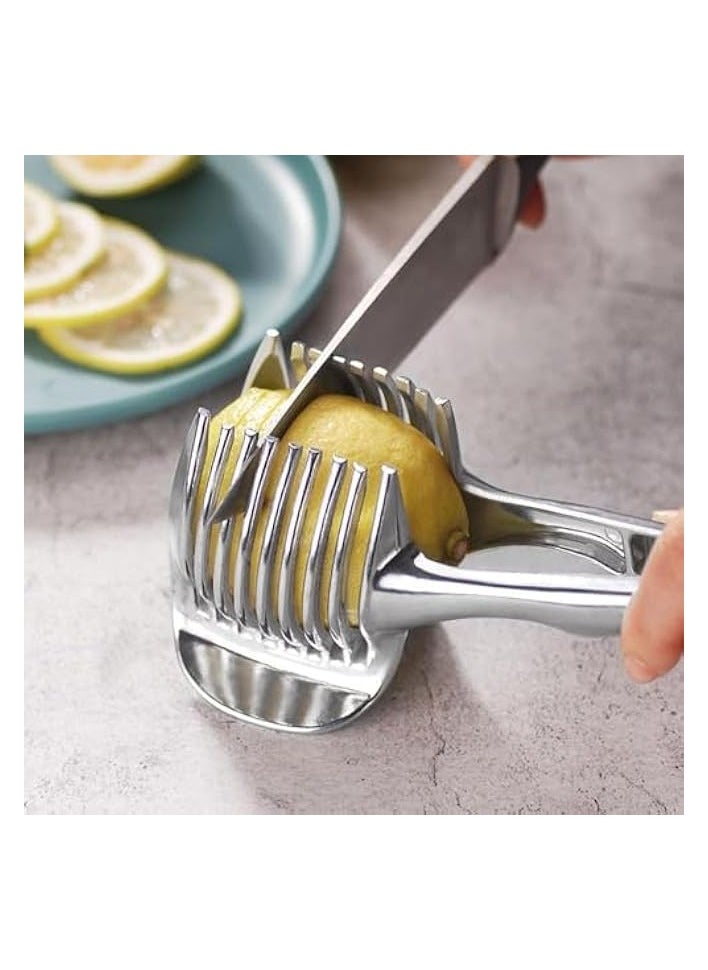 Stainless Steel Onion Slicer, Lemon Slicer Tomato Slicer Multipurpose Handheld Round Fruit Tongs of Onions, Avocados, Eggs and Other Vegetables Household Kitchen Tools