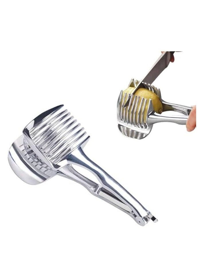 Stainless Steel Onion Slicer, Lemon Slicer Tomato Slicer Multipurpose Handheld Round Fruit Tongs of Onions, Avocados, Eggs and Other Vegetables Household Kitchen Tools