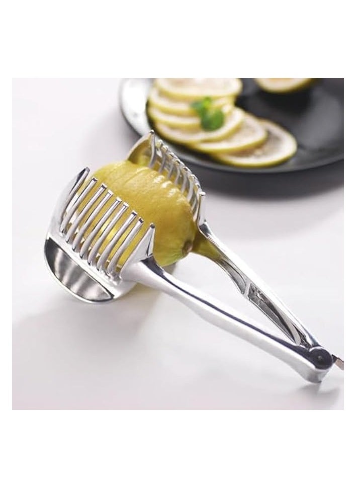 Stainless Steel Onion Slicer, Lemon Slicer Tomato Slicer Multipurpose Handheld Round Fruit Tongs of Onions, Avocados, Eggs and Other Vegetables Household Kitchen Tools