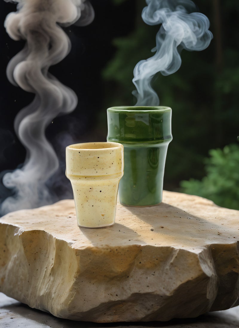 Two Moroccan Ceramic Cups - Handmade Light Yellow Cups Glazed