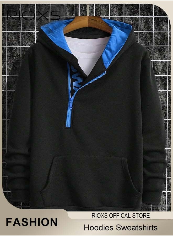 Men's Hoodies Sweatshirts,Letter Graphic Print Front Zipper Hoodie Sweatshirt,Long Sleeve Hooded Sweatshirt With Pocket,Pullovers Hooded Tops For Men,Casual Sportswear Hoodies,Gift For Daddy Boyfirend Husband